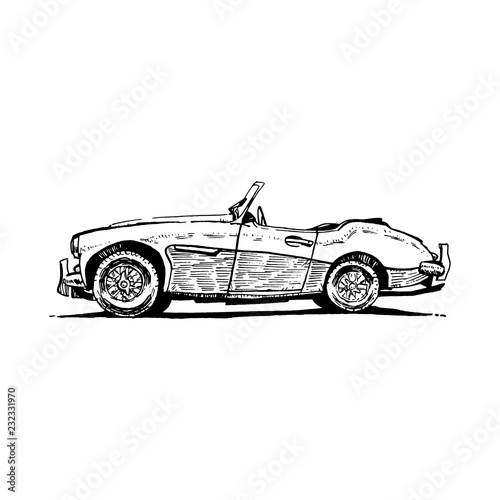 Retro vintage sport car hand-drawn with black ink pen