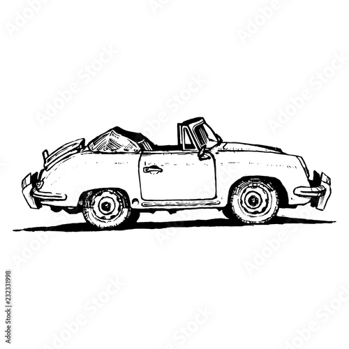 Retro vintage sports car hand-drawn with black ink pen