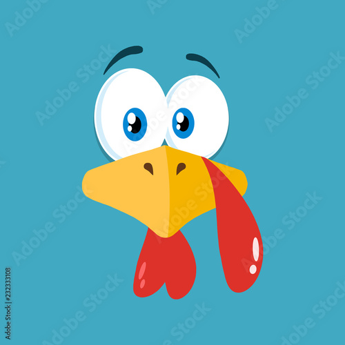 Thanksgiving Turkey Bird Face Cartoon Character Flat Blue Label. Vector Illustration Background
