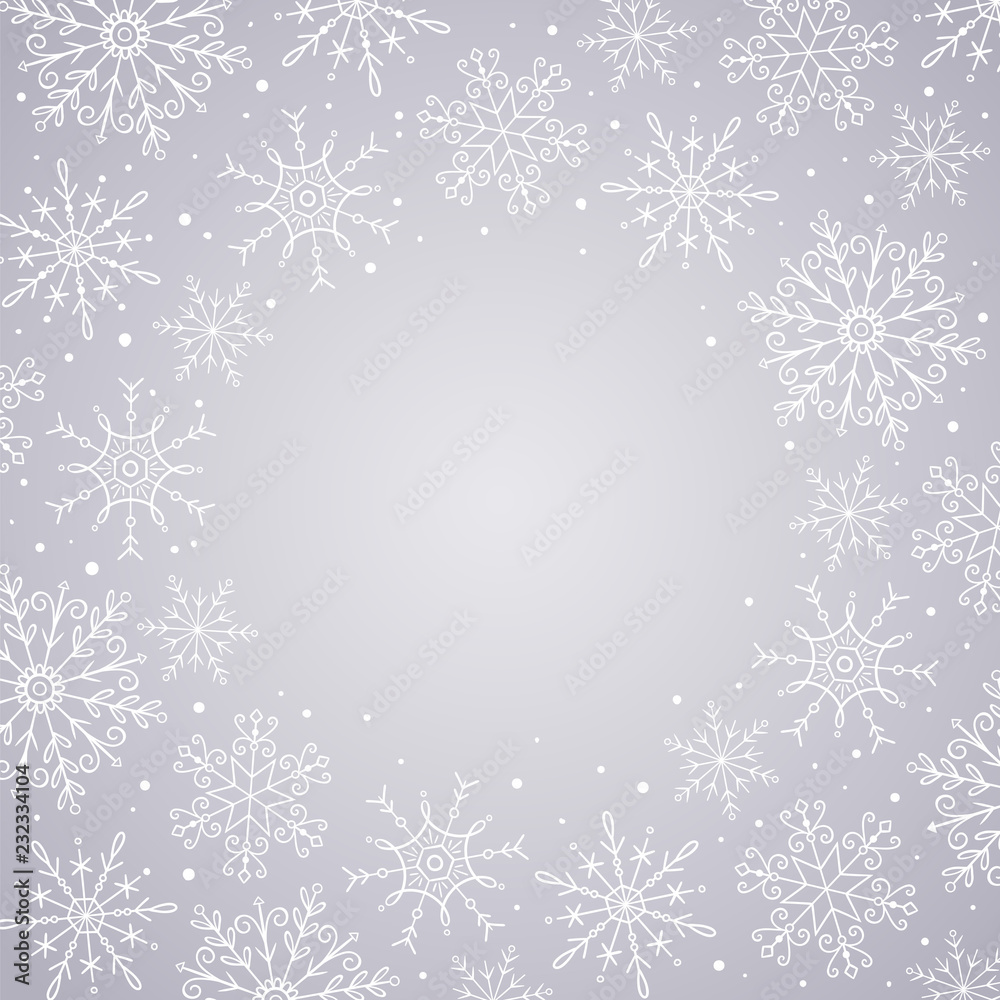 Hand drawn snowflakes frame. White snowflakes isolated on silver background. Perfect for winter card designs. Vector illustration. Hand drawn snowflakes frame. White snowflakes isolated on silver background. Perfect for winter card designs. Vector illustration.