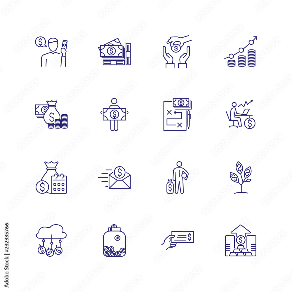 Banking and money icons. Set of line icons on white background. Money, banknotes, purse. Vector illustration can be used for topics like economy, banking Banking and money icons. Set of line icons on white background. Money, banknotes, purse. Vector illustration can be used for topics like economy, banking