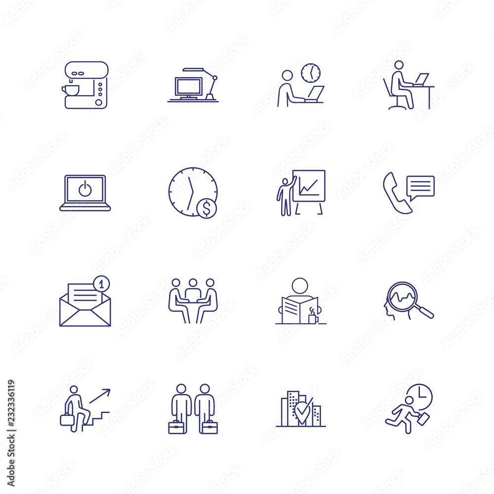 Office work icons. Set of line icons on white background. E-mail sign, partners, clock, coffee machine. Can be used for topics like office, business, partnership Office work icons. Set of line icons on white background. E-mail sign, partners, clock, coffee machine. Can be used for topics like office, business, partnership