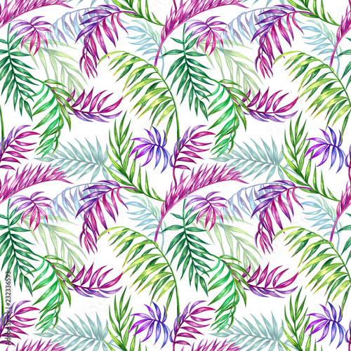 Seamless pattern of palm leaves on a dark blue background, watercolor illustration. Floral tropical print for fabric, background for various designs.