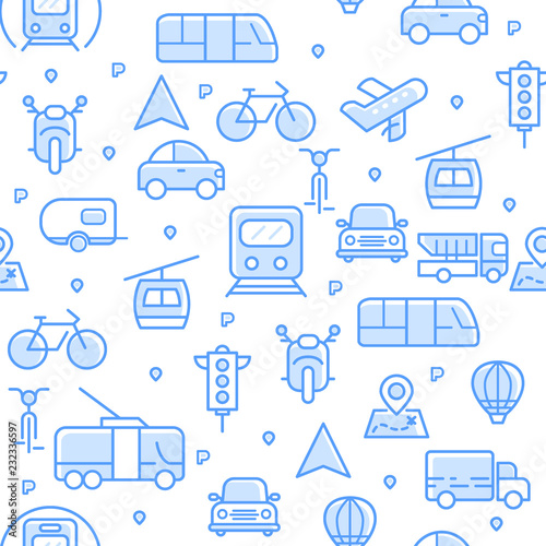 Transport seamless pattern with thin line icons of car, bicycle, railway. Vector illustration for banner, web page, print media, advertisement.
