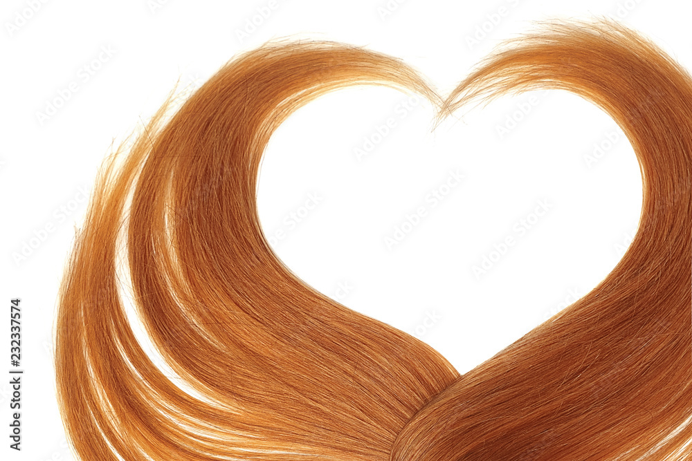 Red hair in shape of heart, isolated on white background