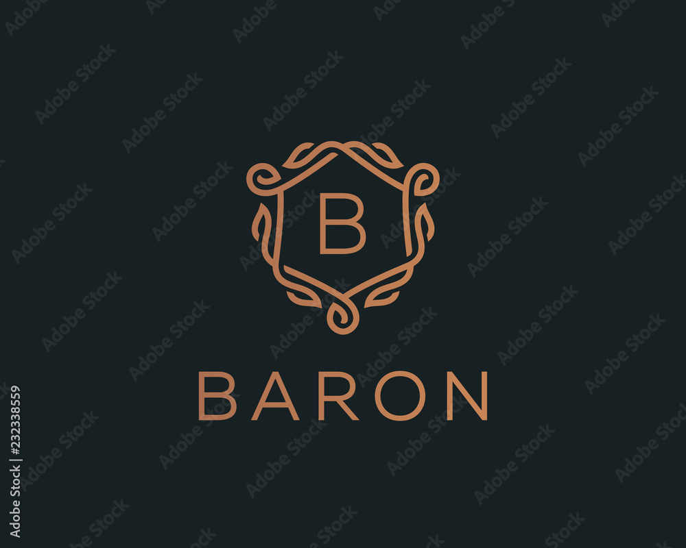 Premium linear shield monogram letter B logotype. Elegant crest leaf stamp icon vector logo. Luxury alphabet frame symbol.