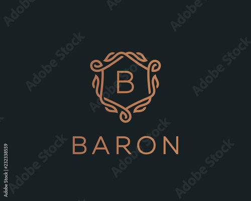 Premium linear shield monogram letter B logotype. Elegant crest leaf stamp icon vector logo. Luxury alphabet frame symbol.
