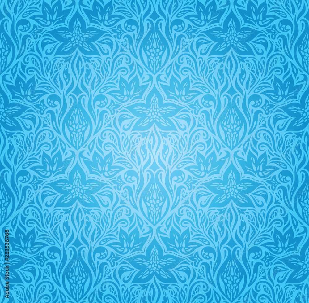 Blue vector decorative flowers background trendy floral ornamental fashion wallpaper mandala design