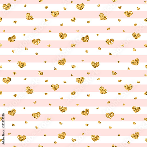 Gold heart seamless pattern. Pink-white geometric stripes, golden confetti-hearts. Symbol of love, Valentine day holiday. Design wallpaper, background, fabric texture. Vector illustration