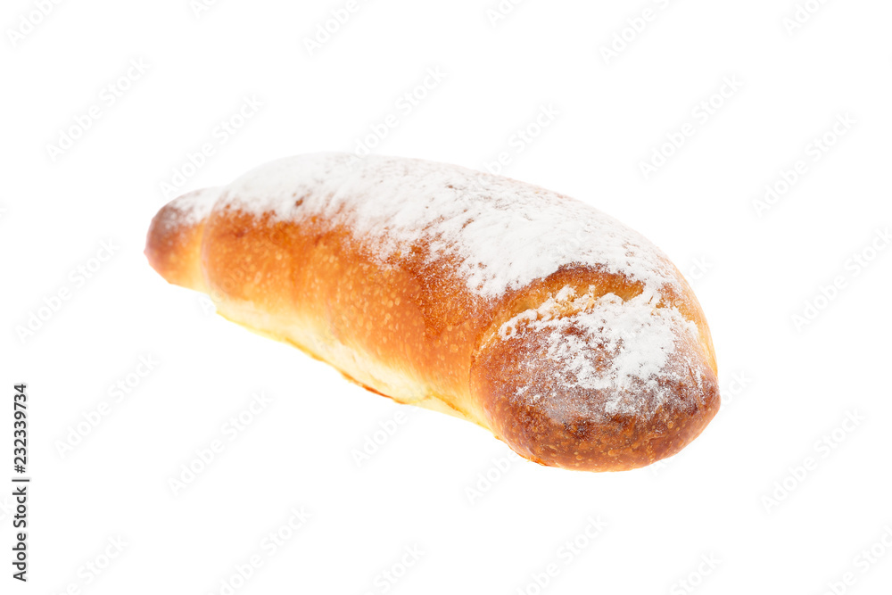 Traditional Bulgarian breakfast dish named Lokumka or Kifla made from slightly sweetened dough, powdered sugar icing and turkish delight or marmalade filling. Isolated on white background Traditional Bulgarian breakfast dish named Lokumka or Kifla made from slightly sweetened dough, powdered sugar icing and turkish delight or marmalade filling. Isolated on white background