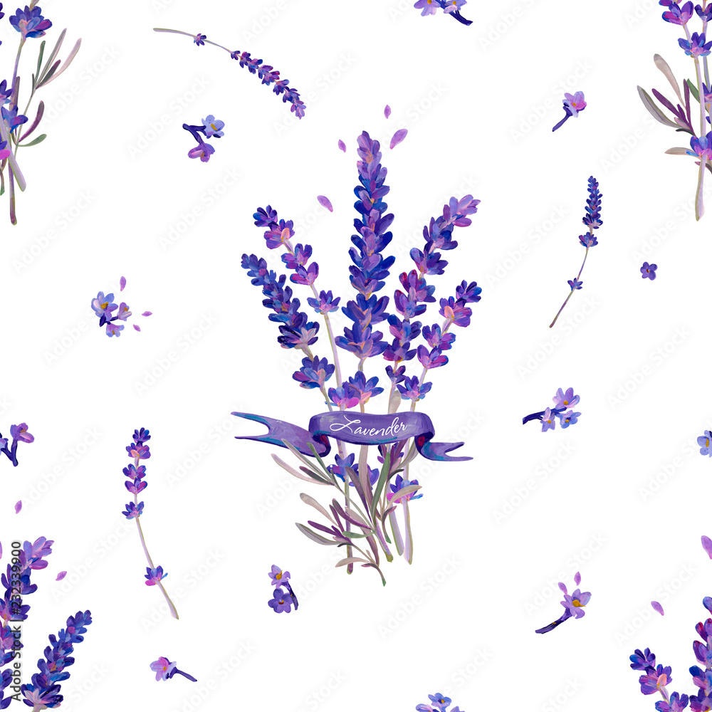 Seamless texture with bouquets of lavender. In lilac colors.