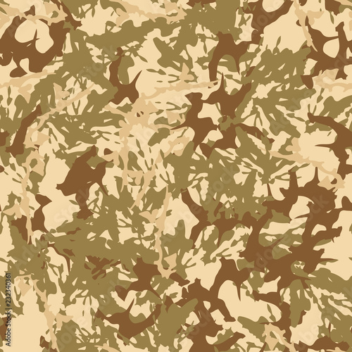 UFO military camouflage seamless pattern in different shades of beige, brown and green colors