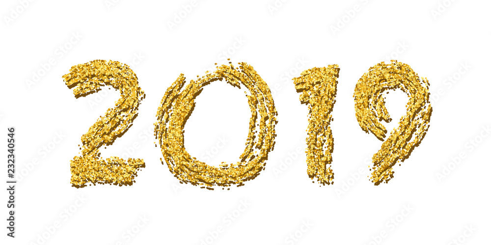 Happy New Year gold number 2019. Bright golden design with sparkle, isolated white background. Holiday glitter typography for Christmas banner, calendar, decoration, greeting card. Vector illustration Happy New Year gold number 2019. Bright golden design with sparkle, isolated white background. Holiday glitter typography for Christmas banner, calendar, decoration, greeting card. Vector illustration