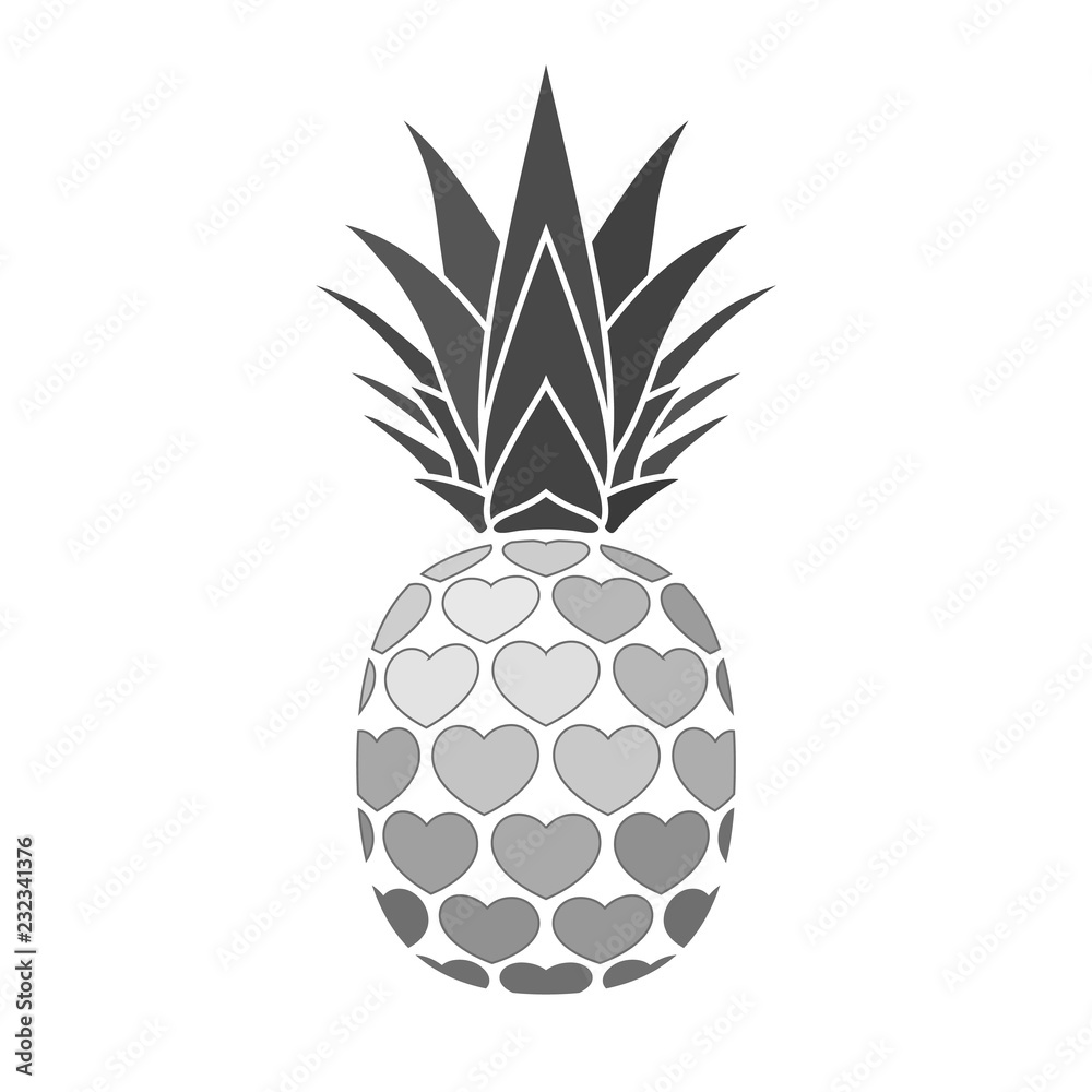 Obraz premium Pineapple with hearts. Tropical silver exotic fruit isolated white background. Symbol of organic food, summer, vitamin, healthy. Nature logo. Design element icon. Vector illustration