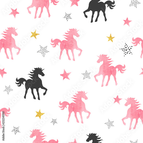 Vector seamless pattern with watercolor unicorns and stars.