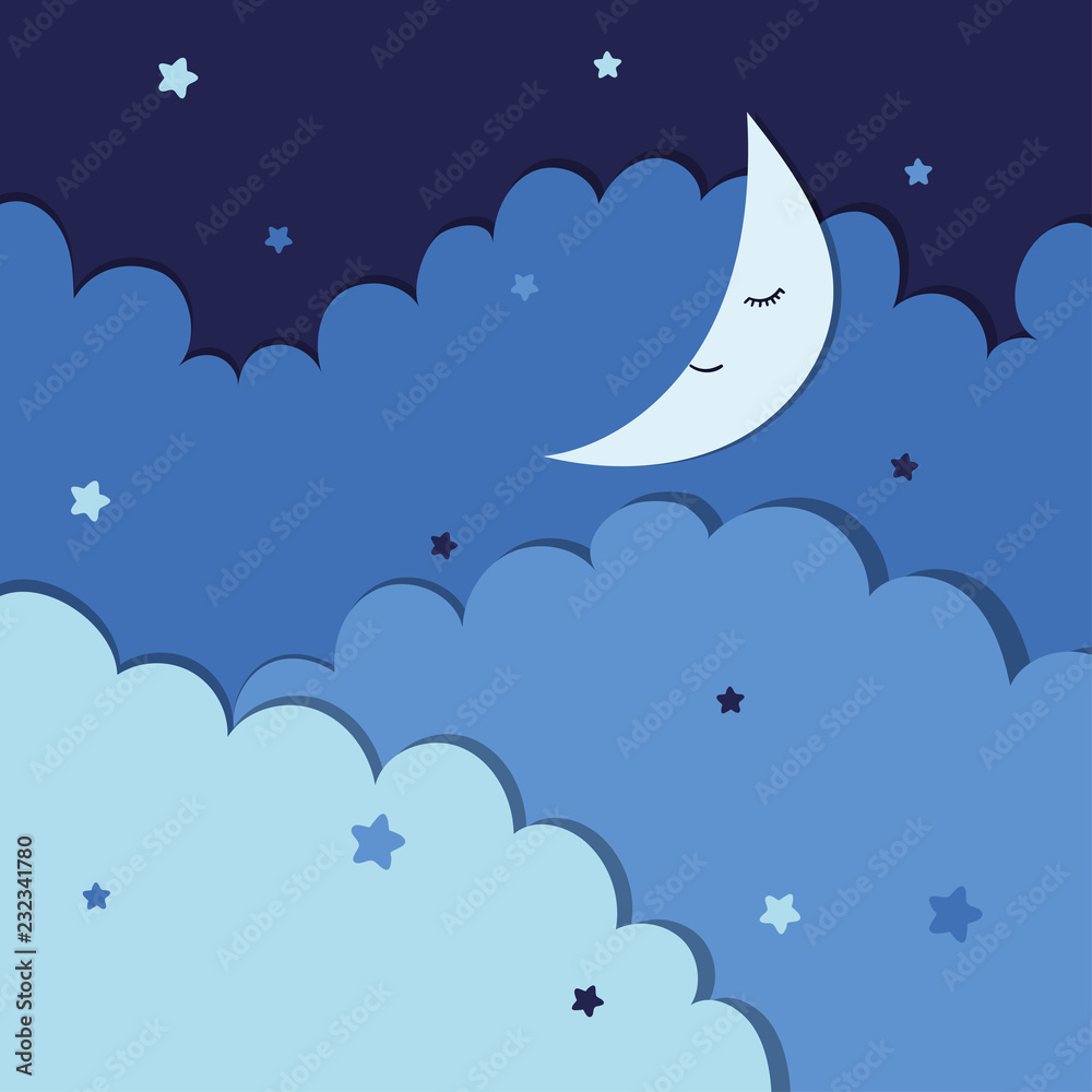 Fototapeta premium Vector illustration of night sky with stars, clouds and moon.