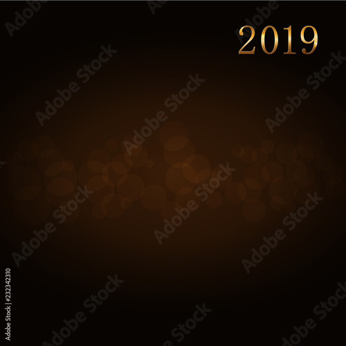 Happy New Year background. Gold numbers 2019 card. Christmas design with light, glow. Symbol of holiday, celebration. Luxury golden texture. Vector illustration