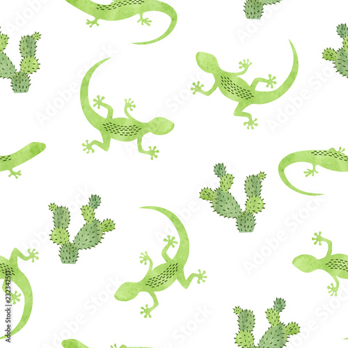 Vector seamless pattern with green watercolor lizard and cactus.