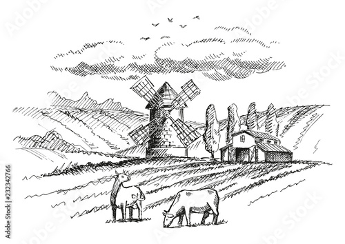 Rural landscape with mill and farm. Version