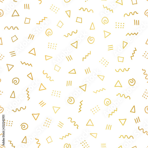 Gold foil abstract doodle shapes seamless vector background. Shiny metallic golden triangles, twirls, squares, dots on white. Retro Memphis style design for party invitation card, celebration, wedding
