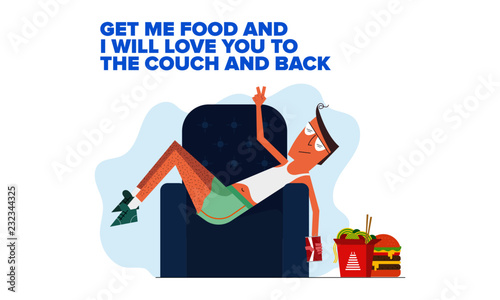 Vector illustration of Man resting/chilling at home on the couch with the food. Lazy Eating/Drinking Concept.