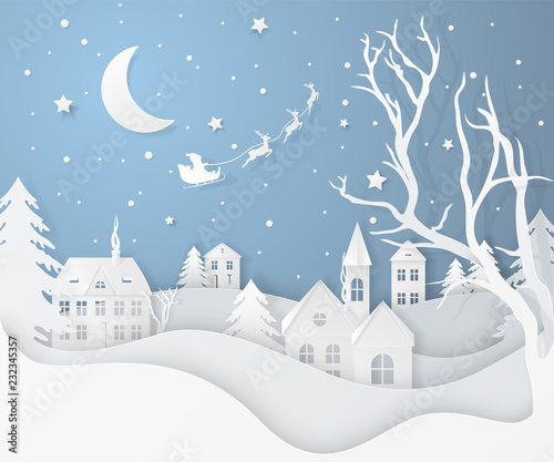 Vector winter night landscape with fir trees, houses, moon, santa's sleigh, stars, deers and snow in paper cut style. Festive layered background with 3D realistic paper Christmas Village and snowfall.