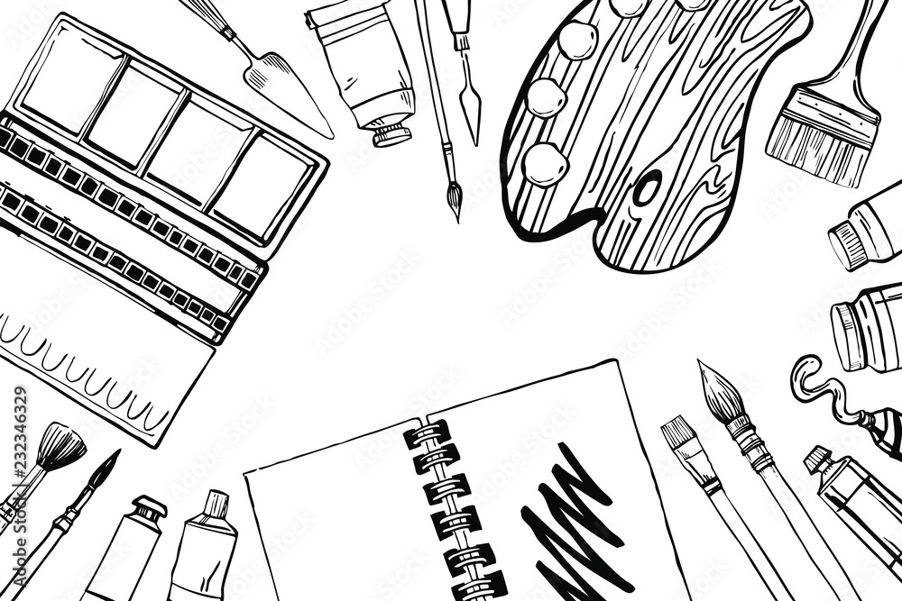 Art Supplies Vector Sketch Illustration Drawing Painting