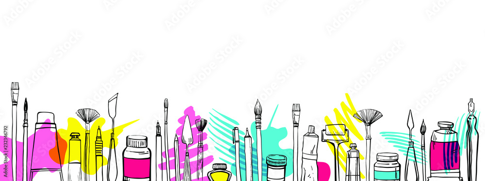 Vector artist materials in row. Hand drawn stylized sketch.  Black and white stylized illustration with color stains. Painting and drawing tools. Brushes, tubes, pens, knives - obrazy, fototapety, plakaty 