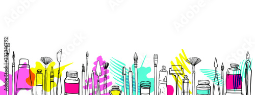 Vector artist materials in row. Hand drawn stylized sketch. Black and white stylized illustration with color stains. Painting and drawing tools. Brushes, tubes, pens, knives