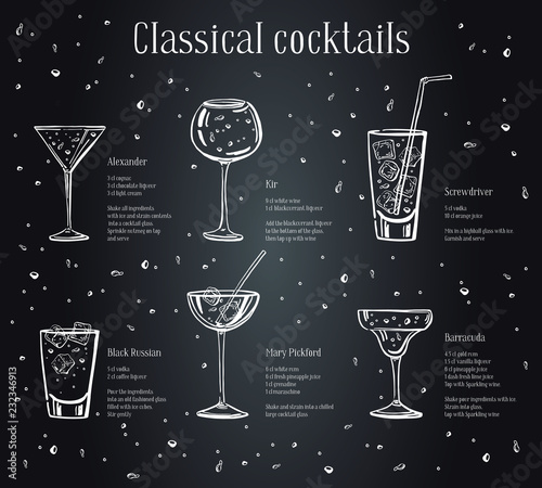 Classic cocktails recipe text description with ingredients. Vector sketch outline hand drawn illustration on blackboard background