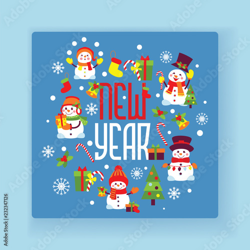 New year snowman vector Merry Christmas greeting card with santa snow-man cha...
