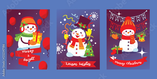 Merry Christmas snowman vector New year greeting card with santa snow-man character Xmas tree and gifts background illustration set of postcard winter holiday celebration poster design backdrop