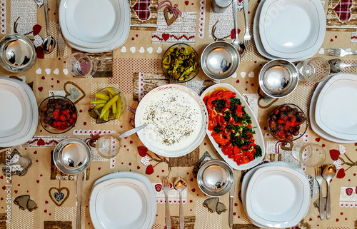 top view of a table with served food