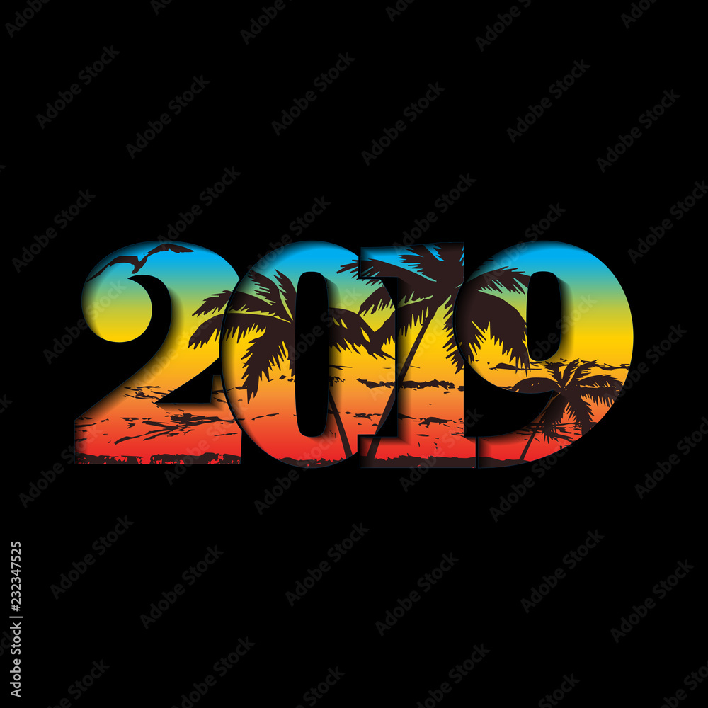 Happy new year card. 3D number 2019 with rainbow gradient texture, isolated black background. Bright graphic design holiday celebration, greeting text, Christmas banner decoration. Vector illustration
