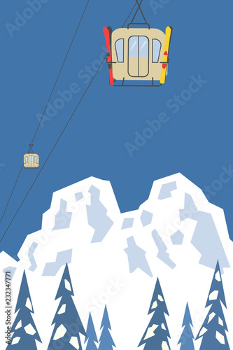 Mountain cable car. Retro ski cableway icon. Mountain snow ski resort poster background concept. Winter extreme skiing sport, fun activity advertisement template. Nature outdoor vector illustration