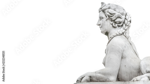 Statue of beautiful sphinx in downtown of Potsdam isolated at white background, Germany, portrait, details