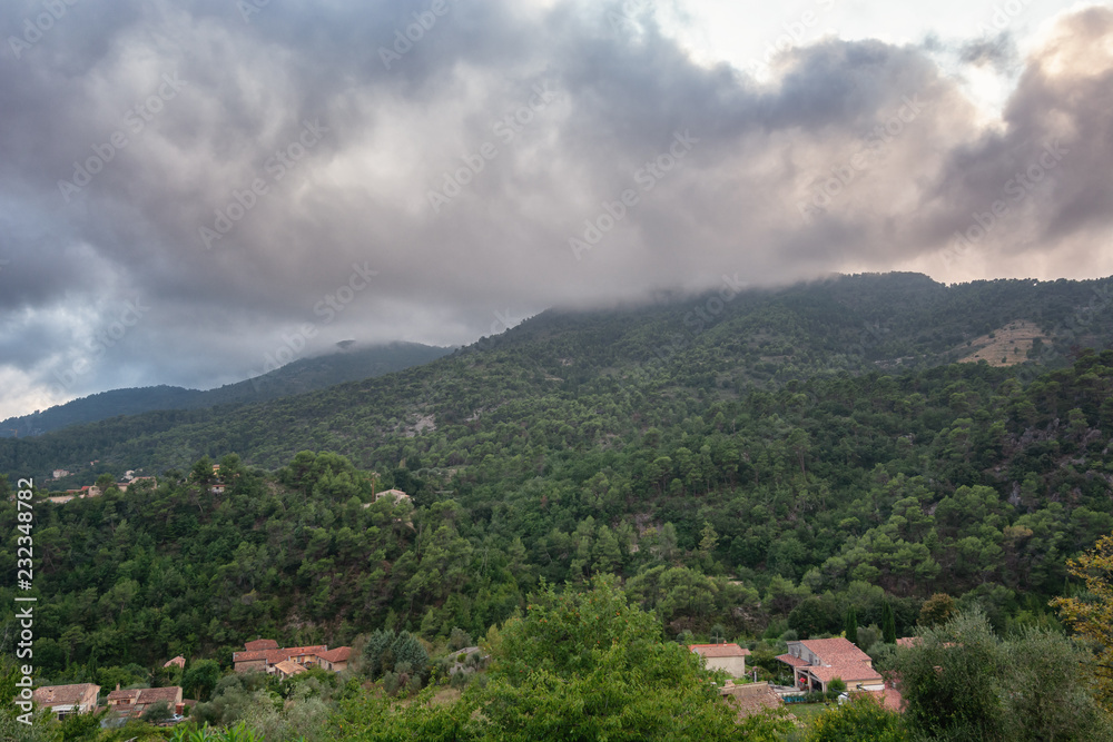 View of the valleys and mountains near the village of Tourrette Levens in the French department of Alpes-Maritimes