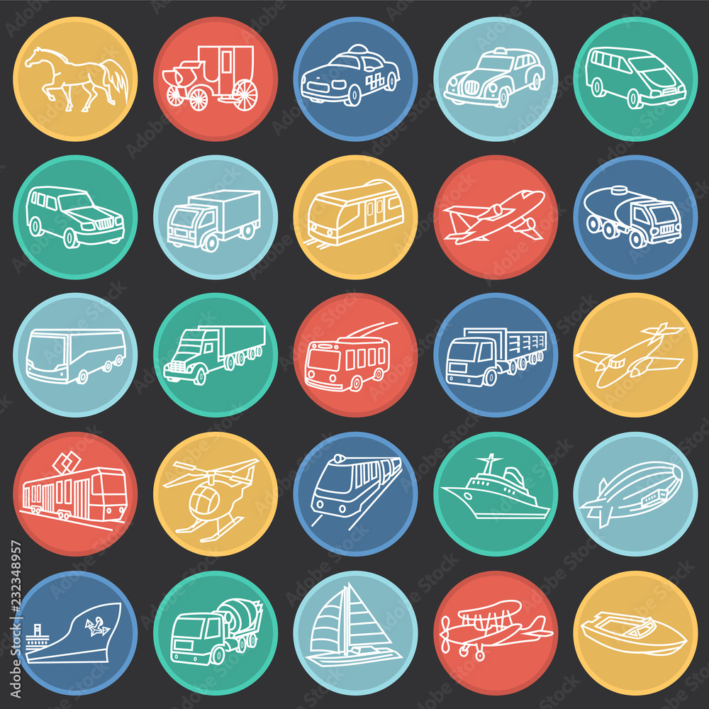 Transportation and vehicles thin line on color circles black background icons