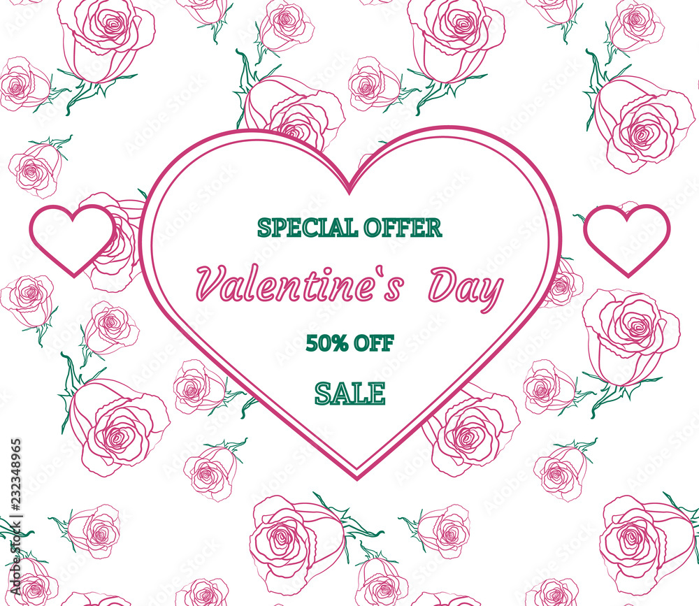 Pink and green design frame with roses. Valentine`s day sale background, special offer with heart. Wallpaper, flyer, invitation card, poster, brochure, banner. Vector illustration.