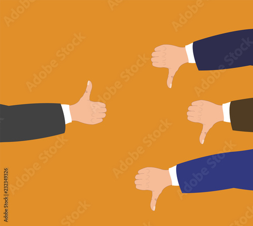 Hand with thumbs up gesture against three hands with thumb down (negative feedback). Concept of one versus all. Vector illustration.
