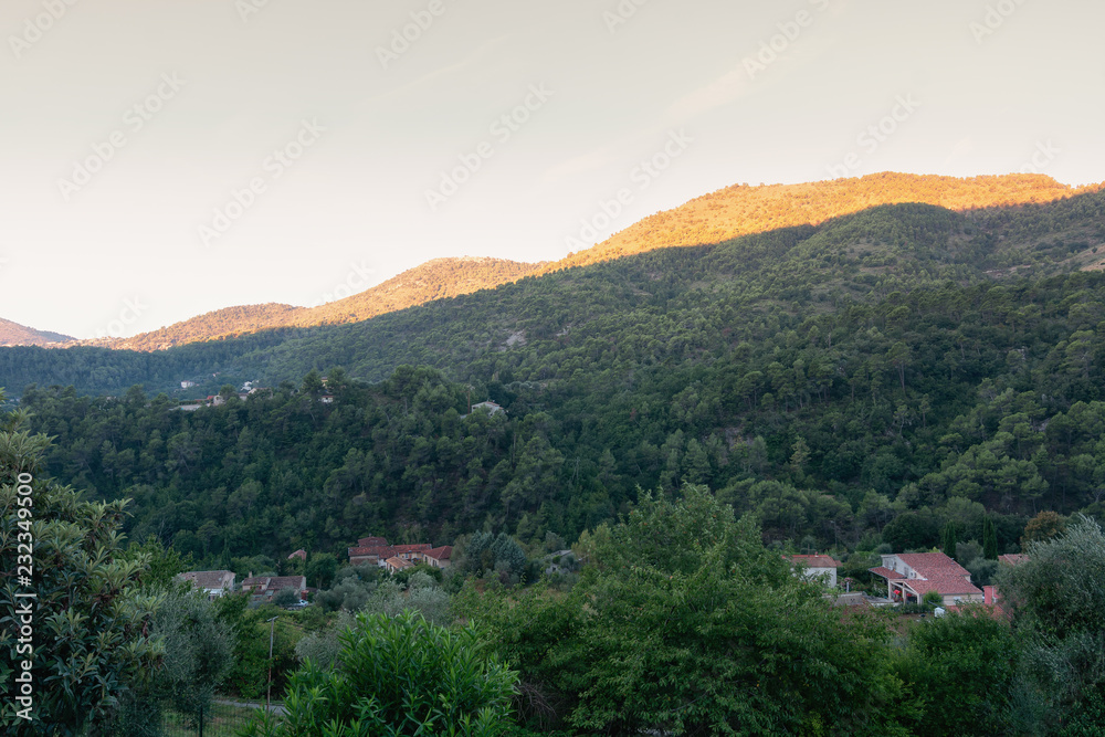 View of the valleys and mountains near the village of Tourrette Levens in the French department of Alpes-Maritimes