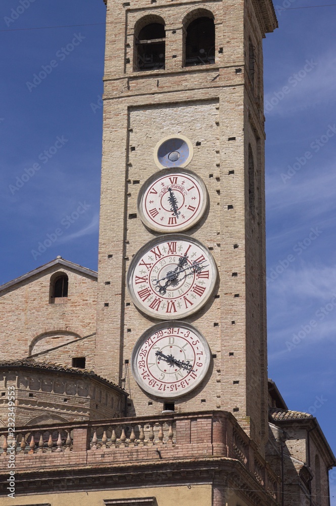 Clock tower and bell tower in Tolentino (Italy, Europe)