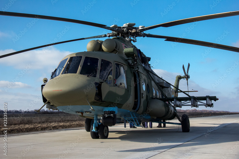 Russian military transport helicopter MI-8MTSh. Name on NATO codification: - Hip. Russian military transport helicopter MI-8MTSh. Name on NATO codification: - Hip.