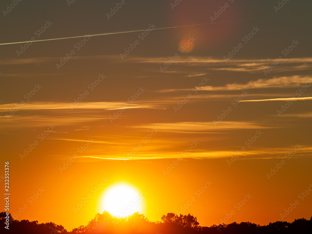 Obraz premium Sunset in the pasture with romantic sky with chemtrails and lens flare