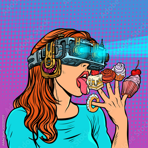 woman in virtual reality glasses eating sweets