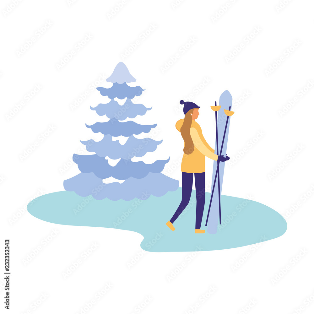 woman with ski and pine tree winter season