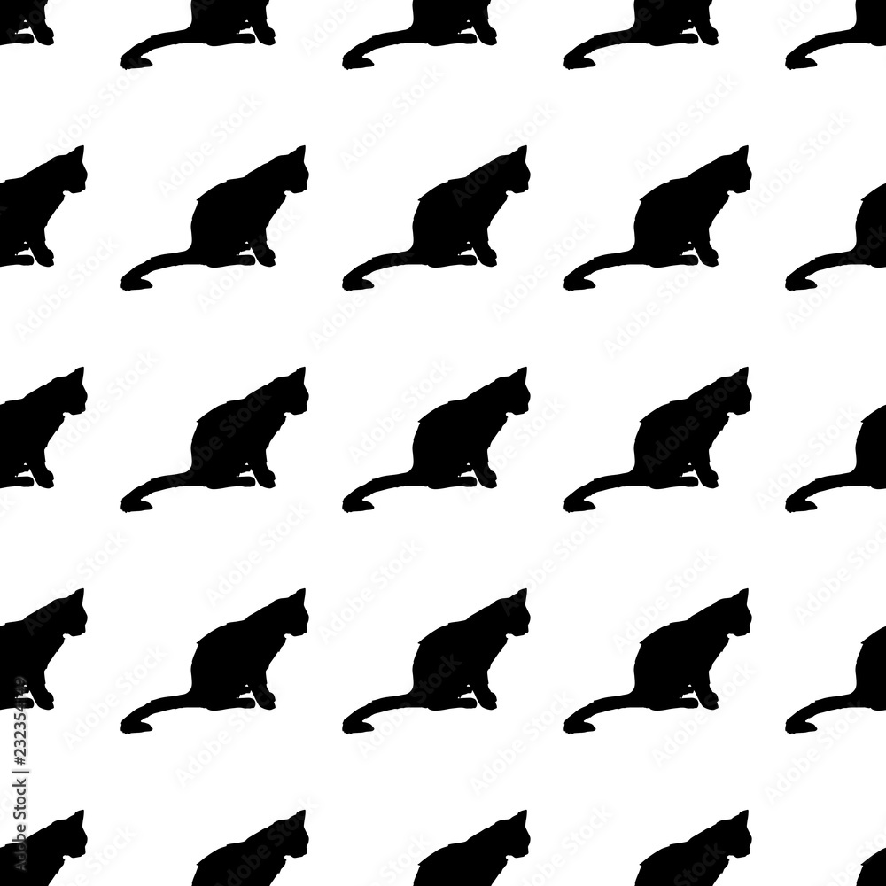 Vector illustration. Isolated silhouette cat sitting. Elegant and cute illustration. Vintage seamless pattern with cats.