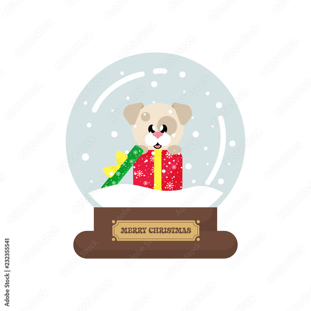 cartoon cute christmas snowglobe with winter dog sitting in christmas gift cartoon cute christmas snowglobe with winter dog sitting in christmas gift
