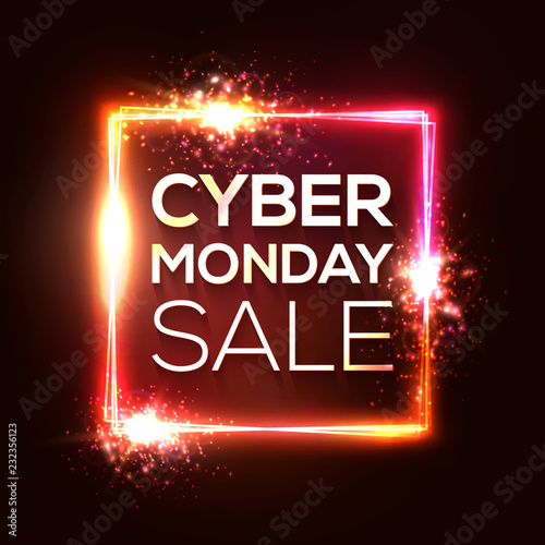 Cyber Monday shopping banner in neon style. Square background with abstract lights and sparkles. Cyber Monday special offer text in glowing rectangle. Colorful sale vector illustration.