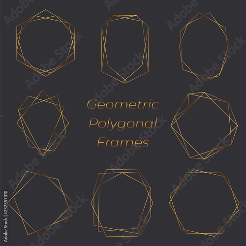 Gold geometric polygonal frames. Decorative lines borders. Luxury design elements for wedding invitation, blog posts, banner, celebration, card, save the date, poster, flyer